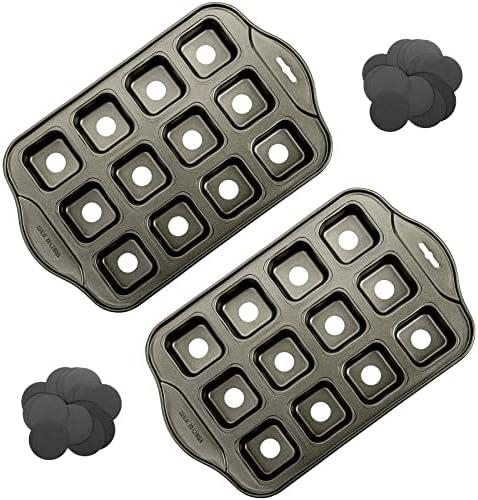Tosnail 2 Pack 12 Cavity Mini Cheesecake Pan with Removable Bottom, All Edges Brownie Pans, Square Cupcake Muffin Pan, Small Bread Loaf Mold - Square