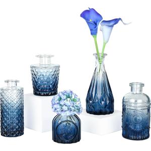 TBWIND Glass Bud Vase Set of 5, Small Blue Flower Vases for Centerpieces in Bulk, Mini Vintage Vase for Wedding Decor, Single Flowers, and Home Table Décor