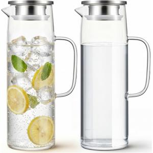 Hsei 2 Sets Glass Pitcher with Lid, 50 oz / 1500 ml Water Carafe with Handles Hot Cold Beverage Water Jar Glass Jug for Tea Juice Milk Coffee Iced Beverage (Stainless Steel Lid)
