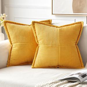 MIULEE Golden Yellow Pillow Covers 18x18 Inch with Splicing Set of 2 Super Soft Boho Striped Corduroy Pillow Covers Broadside Decorative Textured Throw Pillows for Couch Cushion Livingroom (18" x 18" (Pack of 2))