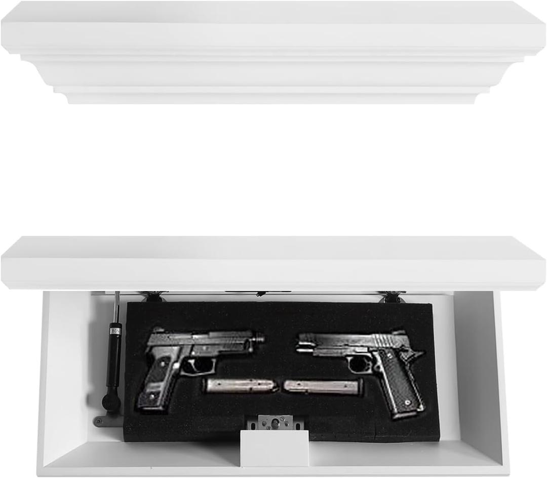 Concealment Gun Shelf with Hidden Trap Door with RFID Lock, White Floating Shelf for Living Room