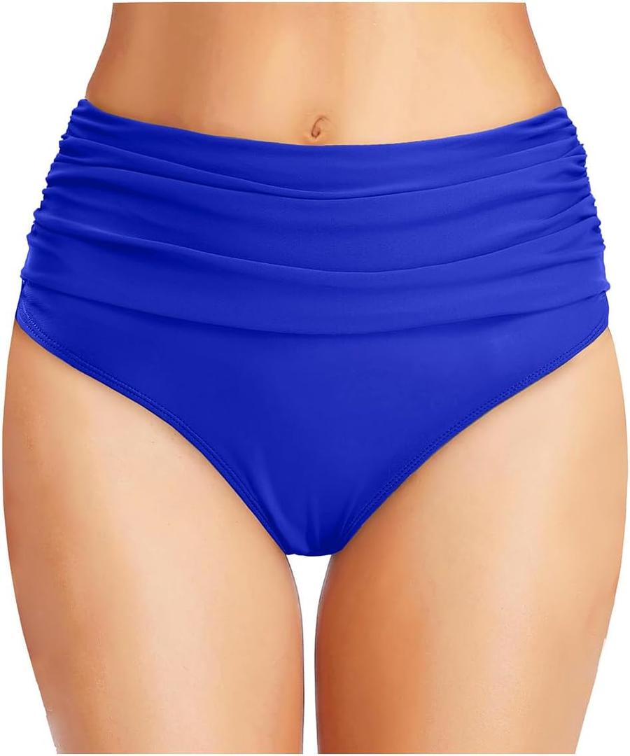 Tempt Me Women's High Waisted Bikini Bottom Tummy Control Ruched Bathing Suit Swim Bottom (Royal Blue)