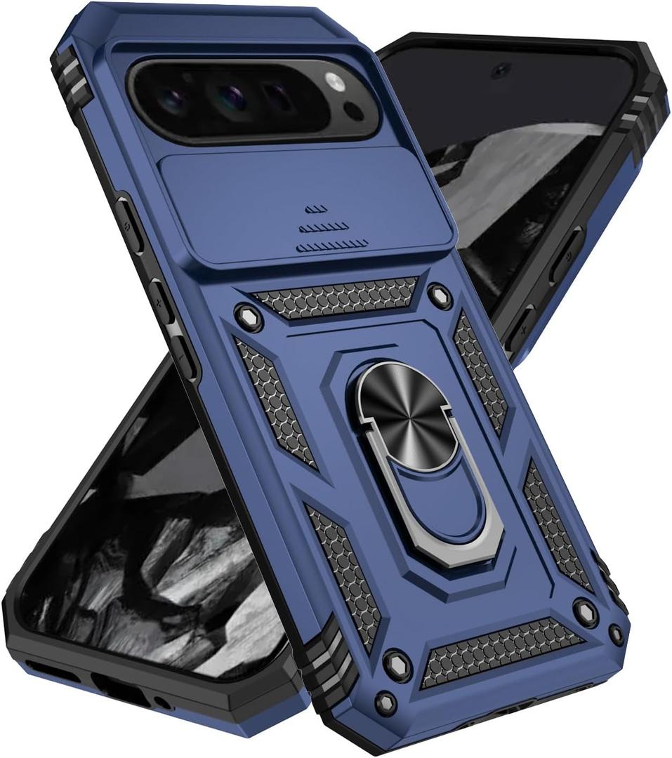 SunStory Compatible with Google Pixel 10/9 Pro XL Case with HD Screen Protector & Slide Camera Cover & Rotated Ring Kickstand, [Military-Grade] Case for Pixel 9/10 Pro XL,Blue