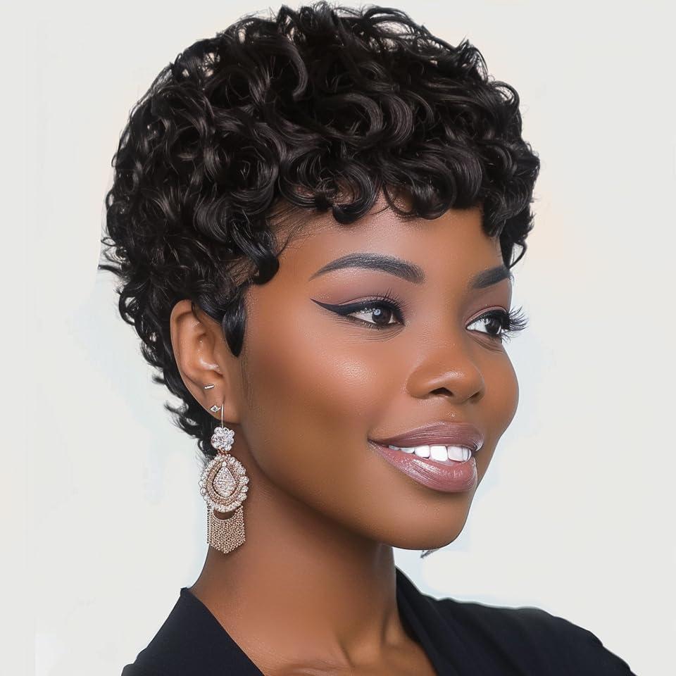 DOcute 150% Density Dark Brown Short Pixie Cut Wig 15A Brazilian Virgin Hair Wig with Bangs Short Wigs Salt And Pepper Glueless Curly Wig Human Hair Pre Plucked Pre Cut No Knots And No Hair Loss (#6)