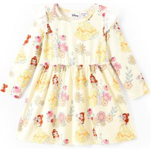 Disney Princess Frozen Elsa Minnie Mickey Stitch Ruffle Sleeve Dress A Line Long Sleeve Kids Clothes Baby to Toddler (6-9 Months, Princess Belle Yellow)