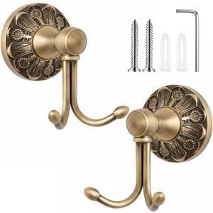Yaocom Brass Towel Hook 2 Pack, Vintage Wall Mounted Robe Holder Heavy Duty Bathroom Coat Hanger for Towels Clothes Bathrobes, Antique Brass Decorative Hardware for Bathroom Kitchen Entryway