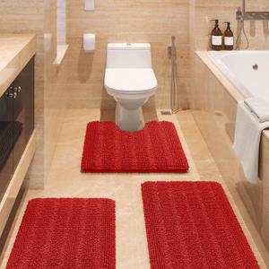 ACCUMTEK Striped Red Ultra Soft Bathroom Rugs and Mats Set 3 Pieces Rug Set, Thick Chenille Bath Rugs Non Slip Bath Mats for Bathroom, Toilet, Bedroom, Kitchen, Burgundy (20"x32"+17"x24"+U Shape 20"x24")