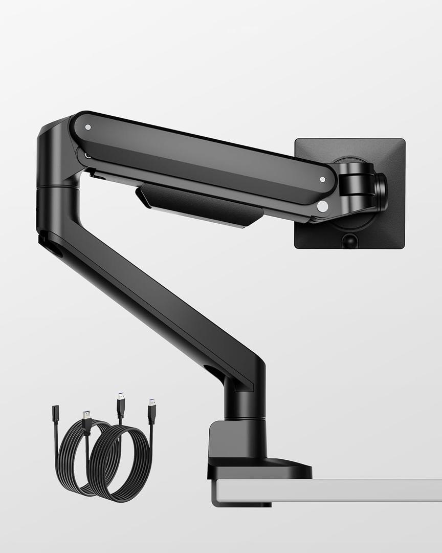 monTEK Deluxe Aluminum Monitor Arm with USB A/C for 17 to 40 Inch Curved Screens Fully Adjustable Single Monitor Arm with Clamp/Grommet, Quick Release Plate, Cable Management, VESA 75/100
