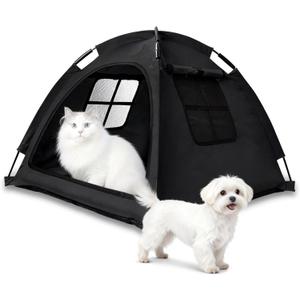 Open Design Pet Tent, Cozy Monitoring Bed for Cats & Puppies, Breathable Mesh Walls for Security & Ventilation, Indoor Outdoor Travel, Black (Small)