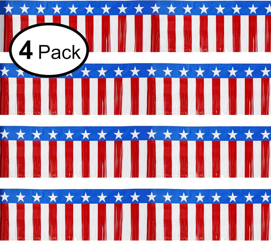 Parade Floats Foil Fringe Skirting Decorations - Pack of 4 - Each 15" x 10 Feet American Flag Stripes and Stars Metallic Tinsel Patriotic Garland for 4th of July, Homecoming or Christmas Float (4)