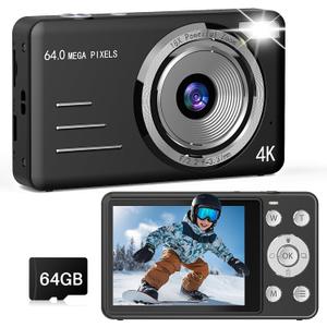 Digital Camera, 4K 64MP UHD Autofucos 18X Digital Zoom with 64GB Micro SD Card, Portable Compact Point and Shoot Camera for Photography Vlogging Teens Beginner Adult, Black
