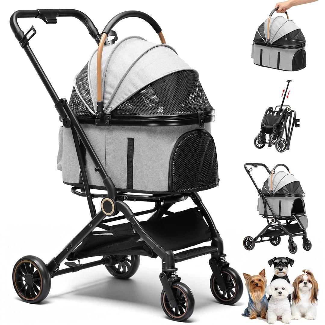 GTPLAYER Pet Stroller for Small Dogs and Cats, One-Click Foldable, Detachable Carrier, Breathable Mesh, 45 lbs Capacity, 2 Safety Leashes, Storage Basket & Cup Holder, Gray
