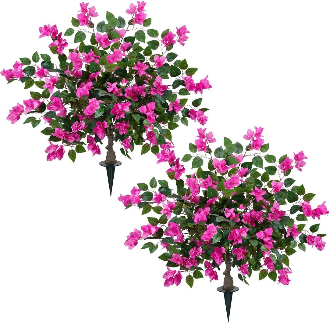 2 Pack 37.4" Bougainvillea Artificial Trees Outdoors Fake Bougainvillea Silk Floral Flower Tree with Ground Spike Faux Shrubs UV Resistant for Outside Spring Porch Patio Garden Decor