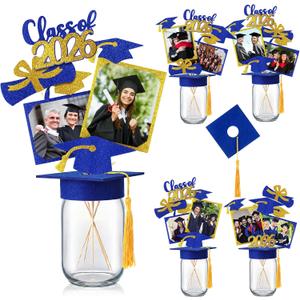 Vesici 4 Sets Blue 2026 Graduation Table Decorations Mason Jar Graduation Decoration 4 Mason Jars with Grad Cap 24 Glitter Class of 2026 Congrat Grad Decor with Stick for College High School Party