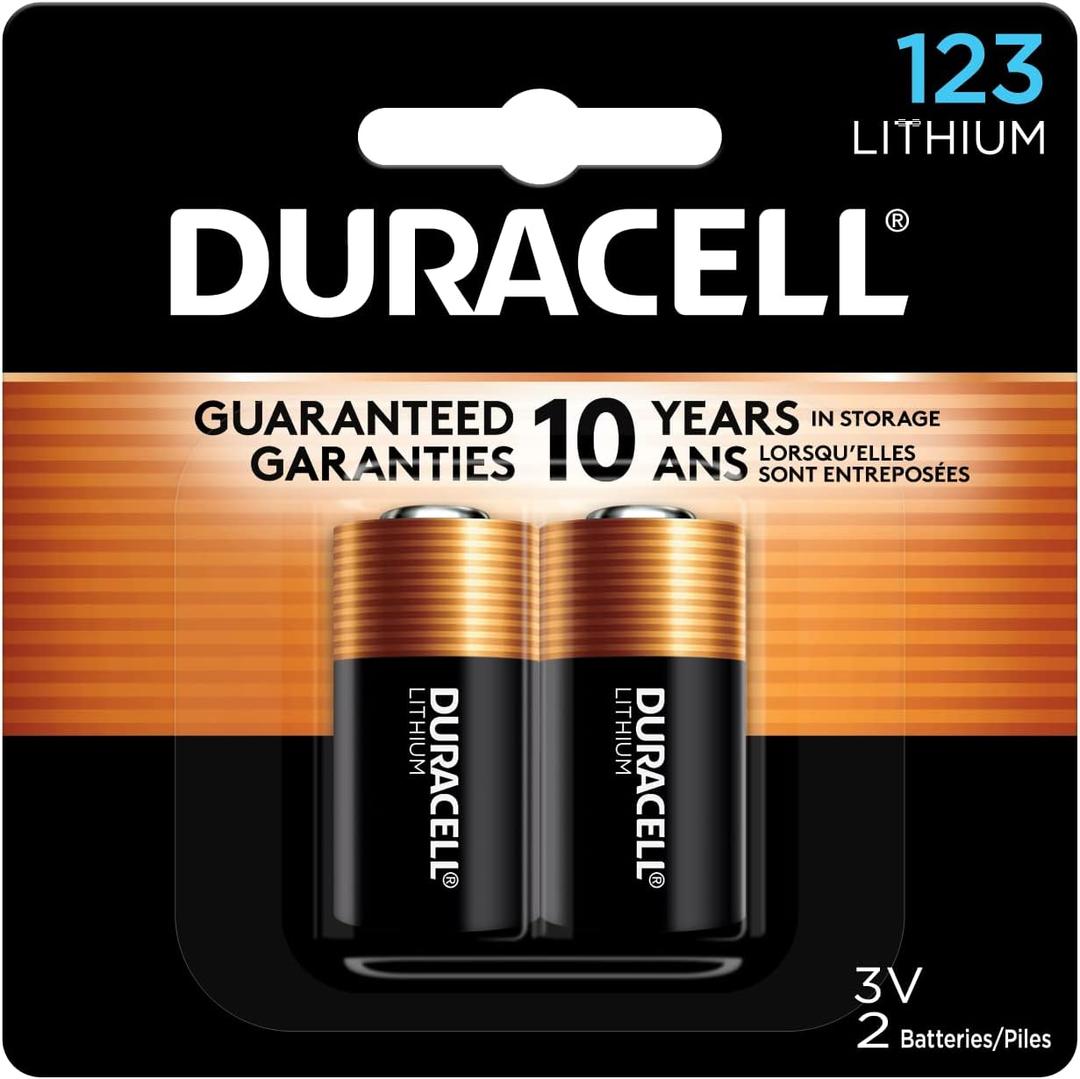 Duracell CR123A 3V Lithium Battery, 2 Count Pack, 123 3 Volt High Power Lithium Battery, Long-Lasting for Home Safety and Security Devices, High-Intensity Flashlights, and Home Automation