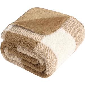 LURKA Checkered Sherpa Fleece Throw Blanket Soft and Cozy, Medium Weight for All Season, Plush Throw for Couch, Bed & Pets, Brown, 50x60 Inches