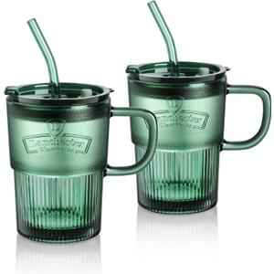 Joeyan Glass Coffee Cup Tumbler with Handle Lid and Straw, Smoothie Iced Coffee Tea Glasses Mug, Green Colored Drinking Jar for Water Juice Beverages Soda Milk, 15oz, Set of 2, Dishwasher Safe
