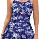 SHEKINI Women's Crossover Ruched Skirt One Piece Swimdress Swimsuit Bathing Suit（L，Dark Blue-Morning Glory）