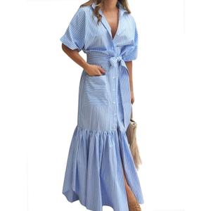 utcoco Women's 2026 Summer Casual Striped Button Down Maxi Dress Tie Waist Short Sleeve Shirt Dress with Pockets (Blue)