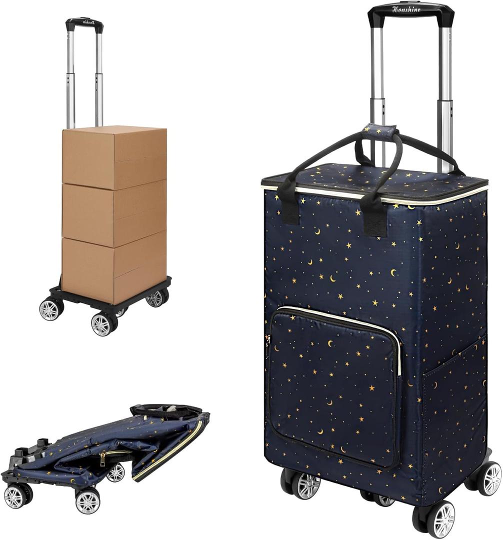 Collapsible Shopping Cart with Insulated Bag: Rolling Cart on Swivel Wheels for Grocery Laundry (Stars)
