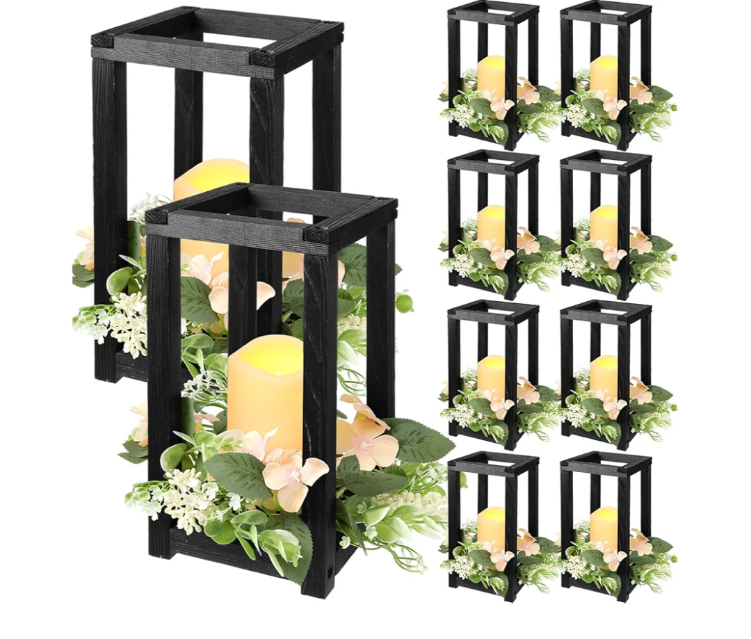 Hushee 12 Pcs Wooden Wedding Lantern Centerpiece Integrated Holders with Candles and Wreaths Rustic Wooden Candle Lantern Decor for Wedding Party Table Valentine Decor (Black)