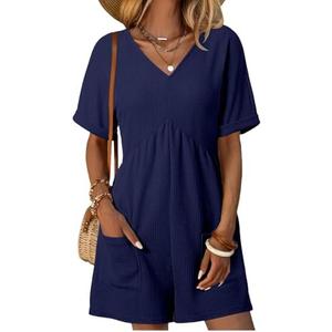 AlvaQ Womens Summer Short Sleeve V Neck High Waist Zipper Romper with Pockets Size M