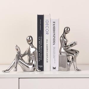 Ceramic Decorative Bookends, Book Ends for Shelves, Home Office Decor Aesthetic Statues Book Holders Stoppers for Bookshelf, Table, Bedroom Living Room Decoration (Silver)
