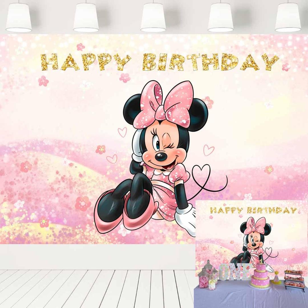 Pink Cartoon Mouse Backdrop and Tablecloth for Girls' Birthday Party Decorations - Baby Shower Mouse Birthday Photography Background Banner with Table Cover for Girls' Party Supplies (7x4ft)