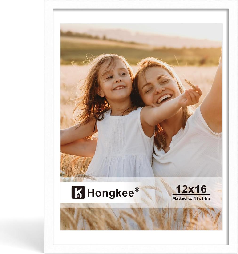 Hongkee 12x16 Picture Frame, Made of Solid Wood with Real Glass, Display Pictures 11x14 with Mat or 12 x 16 without Mat - Wall and Tabletop (White, 1 Pack)