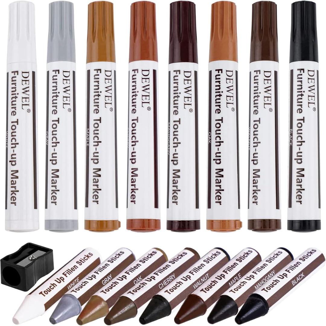 DEWEL Furniture Markers Touch Up, Upgrade Wooden Furniture Repair Kit, Premium Wood Scratch Repair Markers and Wax Sticks for Wood Stains Scratches Hardwood Floors Tables, Set of 17 (Black, Gray, Maple, Oak, Cherry, Walnut, Mahogany, White)