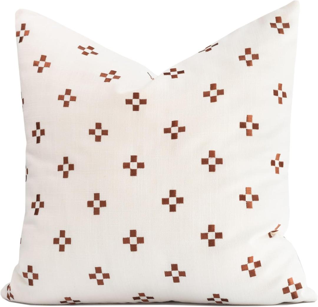 Crumbs Home Modern Farmhouse Fall Linen Indoor Outdoor Throw Pillow Cover Only, 20"x20" Water Repellent for Patio, Backyard, Couch, Neutral Rust Small Squares