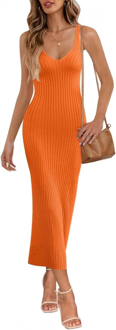 MEROKEETY Women's Summer Bodycon Knit Midi Dress 2026 Spring Beach Vacation V Neck Casual Sleeveless Ribbed Sweater Dresses (Large, Orange)