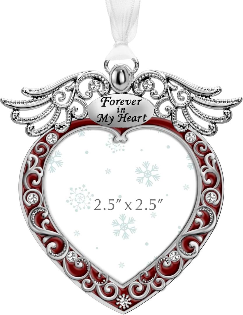 Christmas Tree Ornament Picture Frame Metal Hanging Pendant Holiday 2.5" Photo Frame Charm Decorative of Pets, Baby First Christmas, Family (Heart Red)