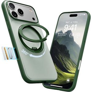TORRAS 360 Magnetic Stand for iPhone 17 Pro Case, Ostand 3.0[Fit for MagSafe][4X MilGrade Shockproof] Rotatable Kickstand Protective Cover, Camera Control Button, Translucent Pine Green, O3 Fitness