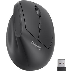 PHILIPS Ergonomic Mouse - Vertical Mouse with 800/1200/1600 Adjustable DPI, 6 Silent Buttons Design for S/M Hands, Auto Power Saving,Light Weight, 2.4GHz Wireless Mouse for Laptop, Desktop, PC-Black