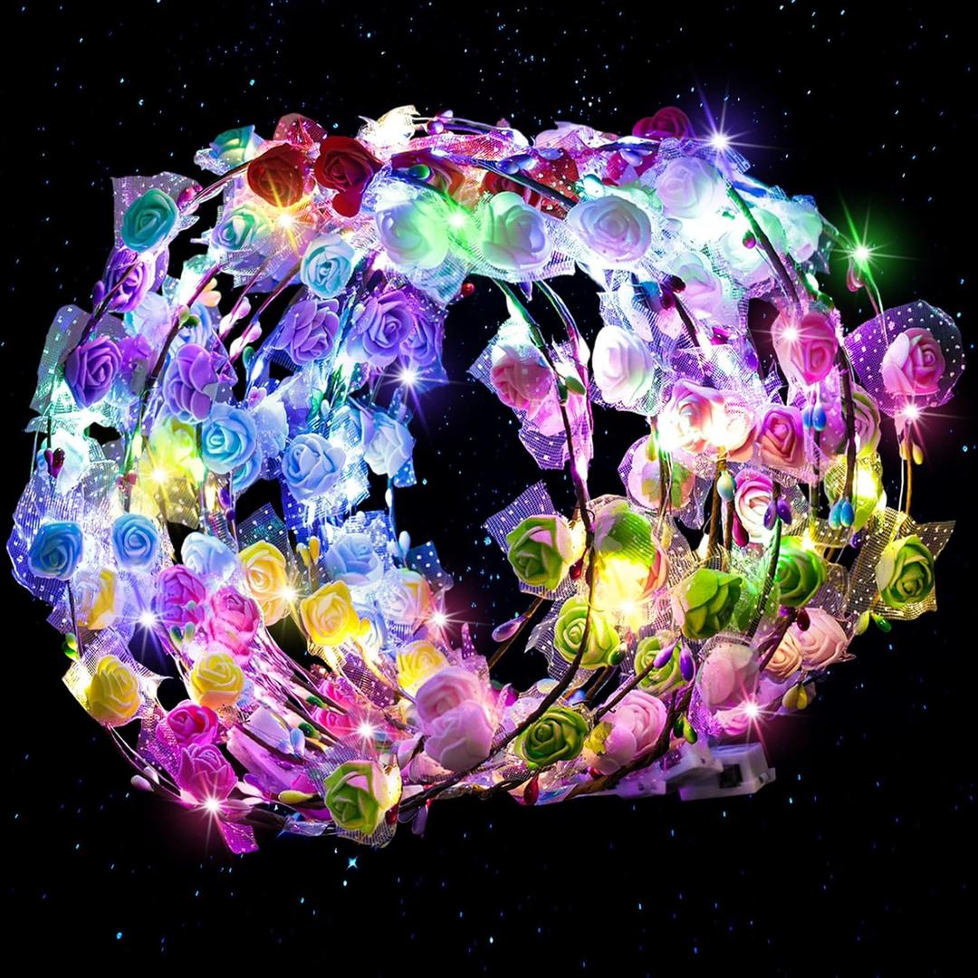 LovesTown 24PCS LED Flower Crowns Headbands Christmas Party, Light Up Flower Crowns For Women, Glow in the Dark Party Supplies for New Year Raves Birthday Wedding Favors Cosplay