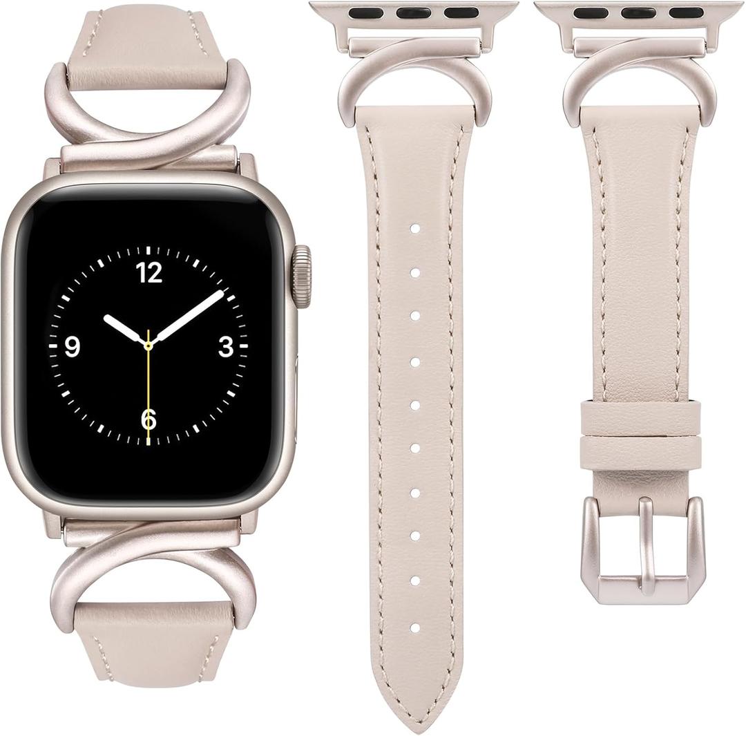 Minyee Leather Bands Compatible with Apple Watch Band 38/40/41/42/44/45/46/49mm Women, Slim Thin Dressy Designer Strap with C-Shape Metal Buckle for iWatch Series 11 10 9 8 7 6 5 4 SE/Ultra 3 2 1 (Starlight/Starlight)