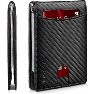 RUNBOX Slim Wallet for Men Genuine Leather RFID Blocking Bifold Minimalist Front Pocket Mens Wallet with Money Clip Thin Gift Box (A Carbon Black-6 Slots)
