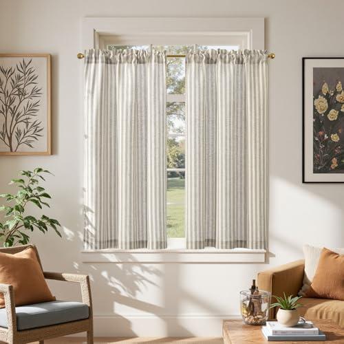 jinchan Linen Kitchen Curtains 45 Inch Length Striped Tier Curtains Ticking Stripe Small Drapes for Living Room Bathroom Cafe Small Window Farmhouse Rustic Pinstripe Rod Pocket 2 Panels Taupe