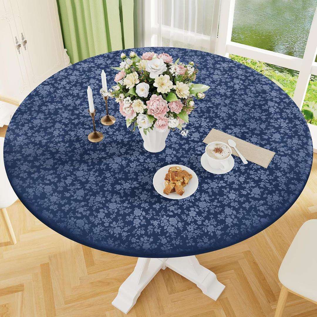 Smiry Round Picnic Tablecloth, Elastic Waterproof Fitted Heavy Duty Vinyl Tablecloths for 18"-24" Tables, Wipeable Washable Table Cover for Kitchen, Dining, Camping, Outdoor, Navy