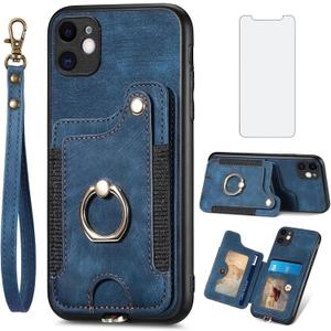 Asuwish Phone Case for iPhone 11 6.1 Wallet Cover with Tempered Glass Screen Protector Wrist Strap RFID Credit Card Holder Ring Stand Cell iphone11case iPhone11 i Phone11 11s XI 11R Women Men Blue
