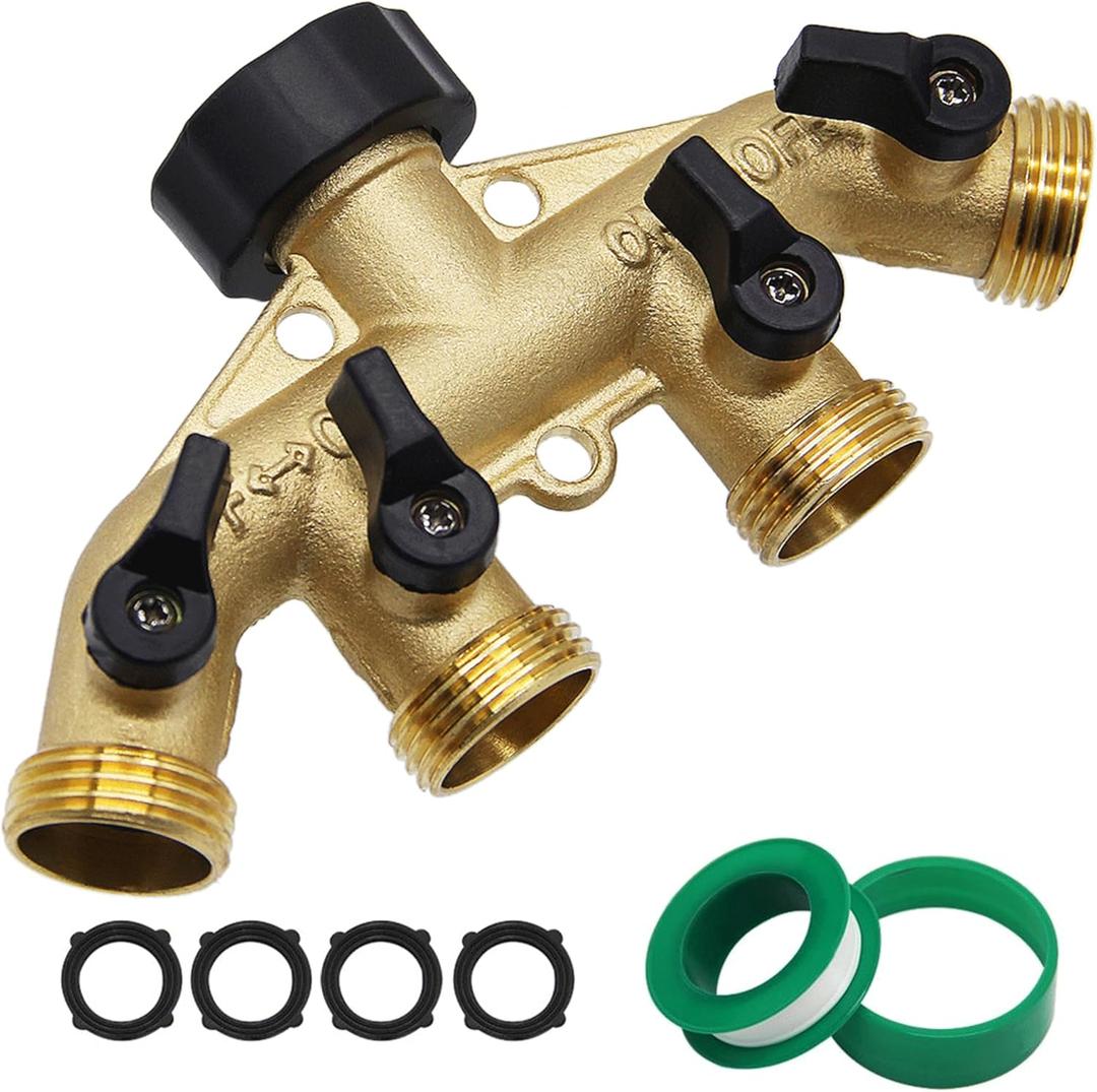Lifynste 4 Way Brass Hose Splitter, 3/4" Brass Hose Faucet Manifold, Garden Hose Adapter Connector
