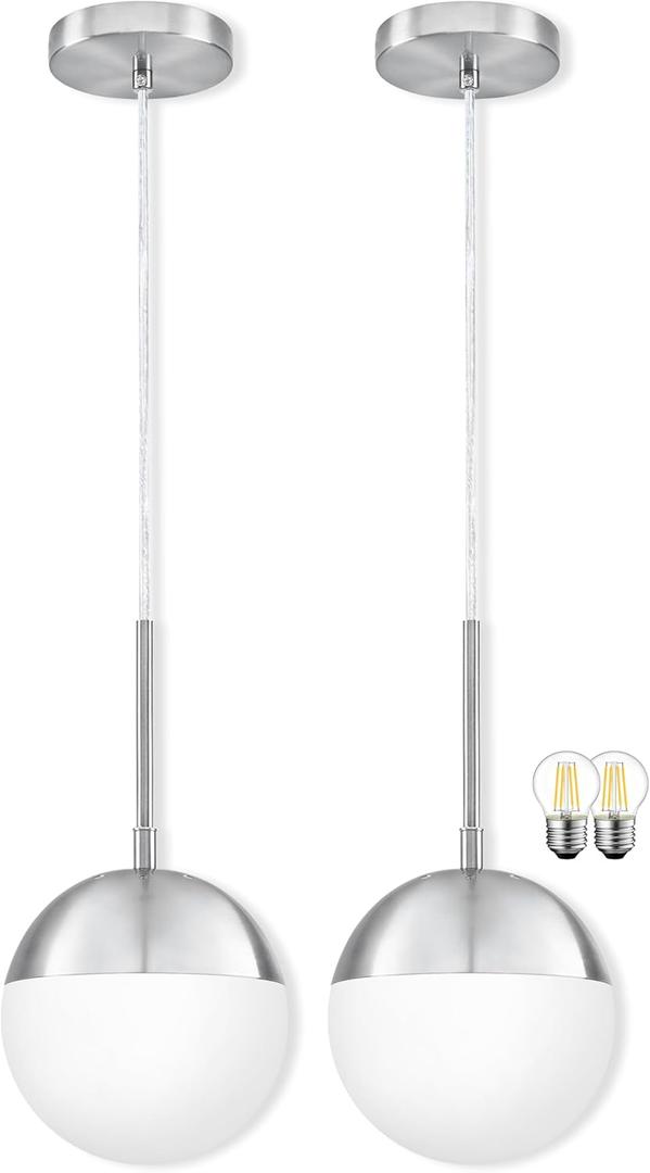 Mccokaige 6 Inch Nickel 2 Pack Mid Century Modern Pendant Light Pendants for Kitchen Island Frosted Milky White Glass Globe Height-Adjustable Modern Hanging Globe Pendant Light for Bedroom (Bulb Incl)