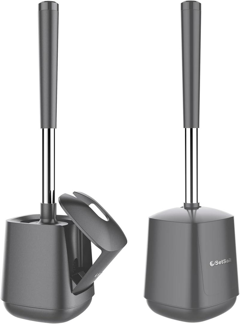 SetSail Toilet Brush and Holder 2 Pack, Self Closing Lid Toilet Bowl Brushes Holder and Extra Long Handle Ventilated Toilet Brush Set for Bathroom Cleaning, Nylon Bristles, Grey