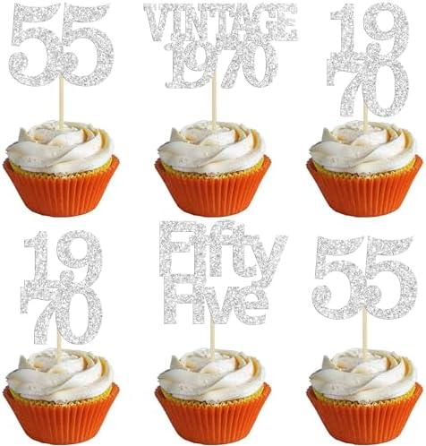 Gyufise 24Pcs 55th Birthday Cupcake Toppers Glitter Cheers to 55 Fabulous Fifty Five Vintage 1970 Cupcake Picks 55th Birthday Wedding Anniversary Party Cake Decorations Supplies Rose Gold
