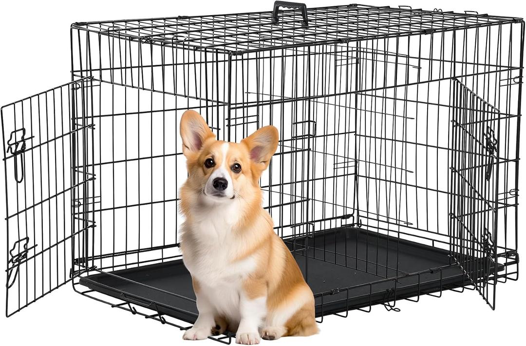 FDW 30 inch Dog Crate Dog Kennel Cage with Double Door Folding Metal Wire Dog Cage with Removable Tray&Divider Panel,Pet Crate for Medium Dogs,Black
