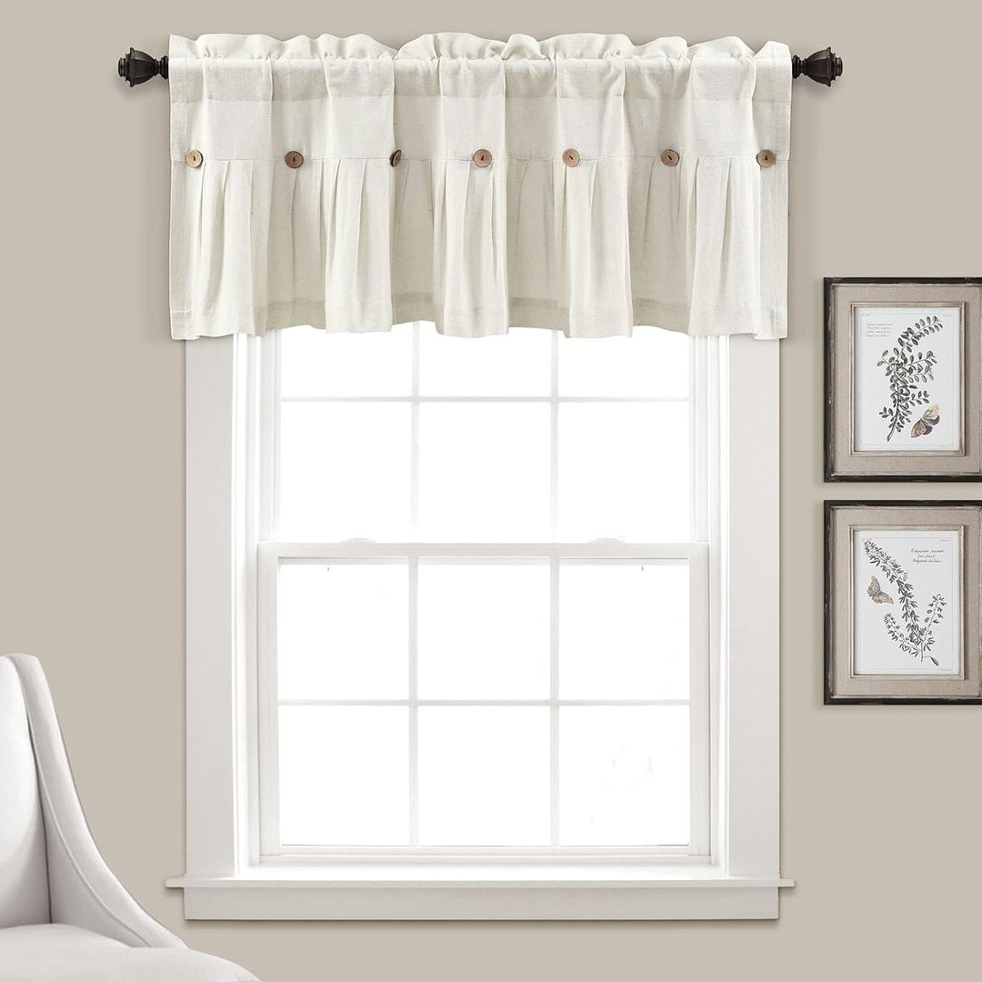 Lush Decor Linen Button Farmhouse Valance Curtians 52"W x 18"L Off White - Linen Valances For Windows - Kitchen Curtains Valances - Bathroom Curtain