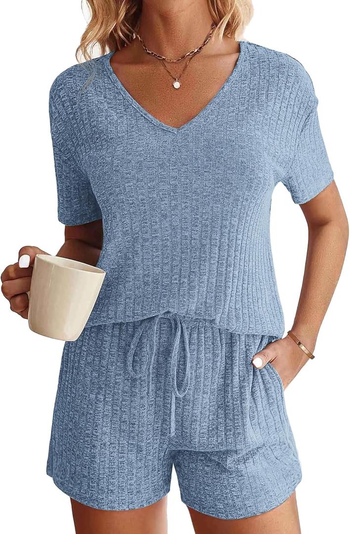 Womens Fashion 2 Piece Outfits Sweatsuits Ribbed Knit Summer Short Sleeve Loungewear V Neck Lounge Set (Small, Blue)