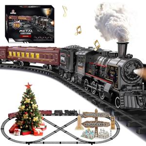 Electric Train Sets for Kids Metal Alloy Christmas Train Toys Steam Locomotive, Glowing Passenger Carriages, Luxury Tracks, Light & Sounds Rechargeable Birthday Gifts for Boys Girls Red