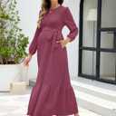 AISWI Women's Maternity Maxi Dress with Belt Long Sleeve Crew Neck Pregnancy Dresses with Pockets Baby Shower Photoshoot (L)